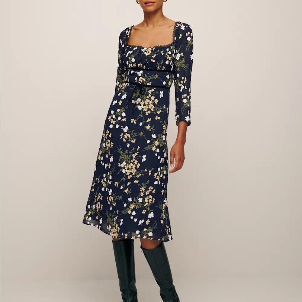 Reformation Pennie Navy Floral Square-Neck Midi Dress